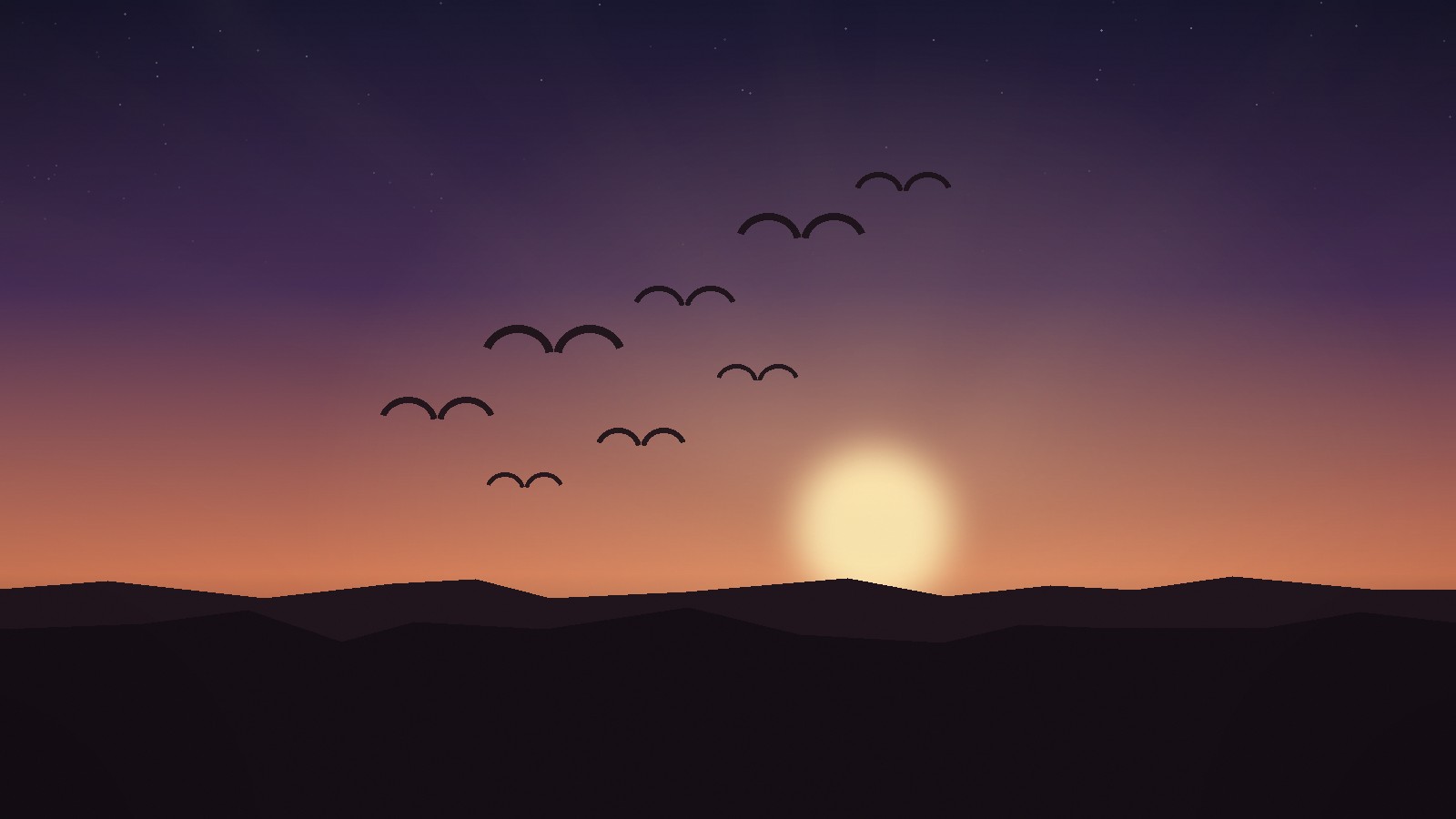Dawn over the hills, birds rising